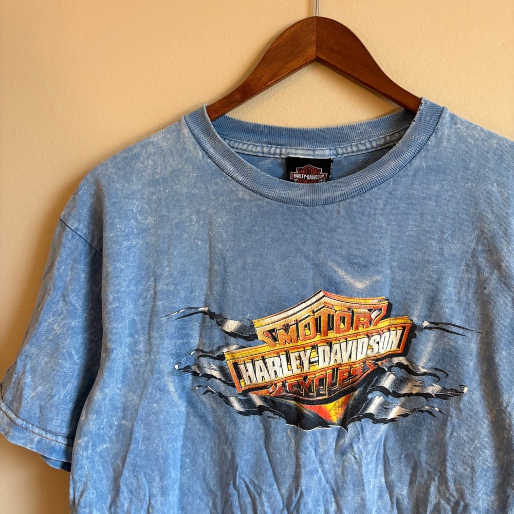 Vtg Y2K 2003 Harley Davidson 3D Shield Logo Graphic Washed Faded Blue T Shirt